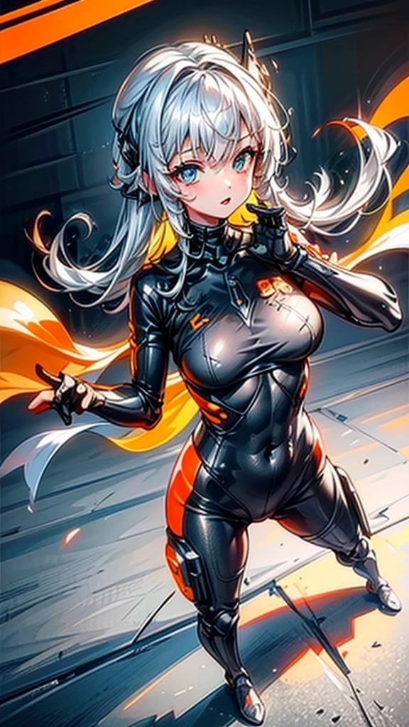 woman, perfect body, perfect curves, orange silver and cyan suit colors, latex bodysuit, futuristic power armor parts, (((stance battle))) holds a futuristic sniper long rifle
