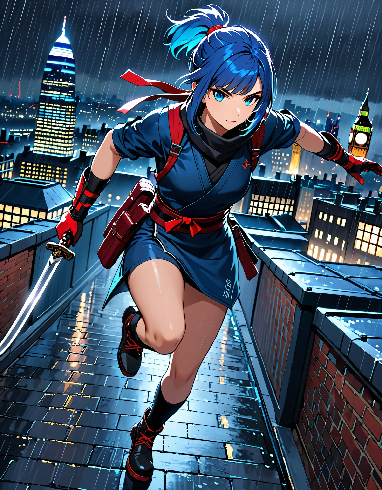 masterpiece, best quality, semi-realistic, solo, solo focus 1girl, blue hair, short hair, ponytail hair, cyan eyes, beautiful detailed eyes, beautiful detailed face, stoic, professional, ninja, red tactical gloves, bare legs, matching boots, using daggers, london cityscape, rooftop, dutch angle, night, rain, running to viewer, noir atmosphere.