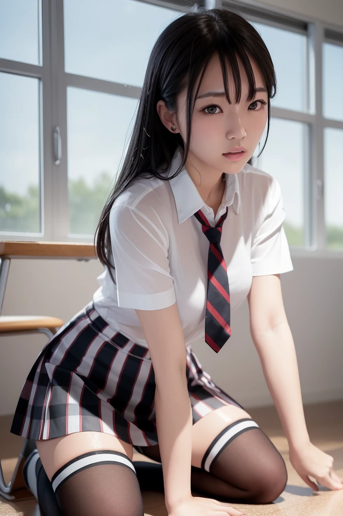 (masterpiece, best quality:1.2), a hyperrealistic , solo, 1girl, yukinoshita yukino, (shiny skin, wet skin:1.2), sweating, slight smile, looking at viewer, on all fours, , white shirt, plaid skirt, thighhighs, afternoon, classroom hyperrealistic 