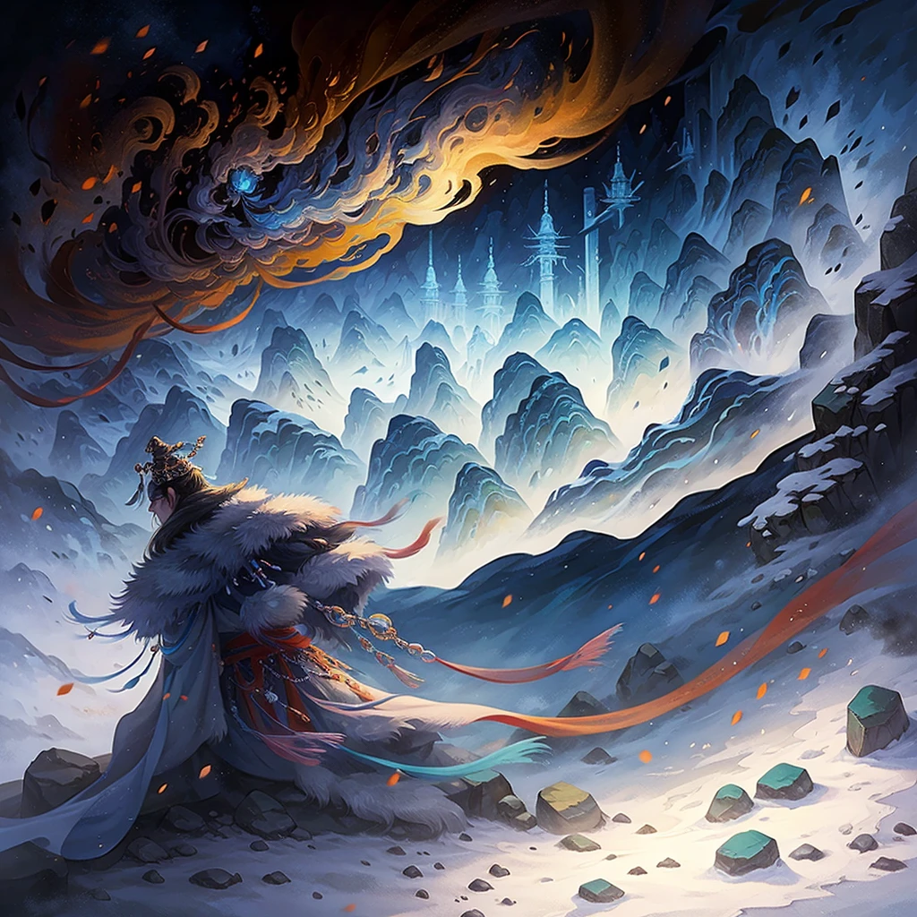 painting of a snowy mountain path with tibetan prayer flags, painterly illustration, colorful concept art, a beautiful artwork illustration, jen bartel, in the snow mountains, colorful digital painting, painterly concept art, by Simon Gaon, winter concept art, inspired by Tuomas Korpi, jessica rossier color scheme, with a snowy mountain and ice