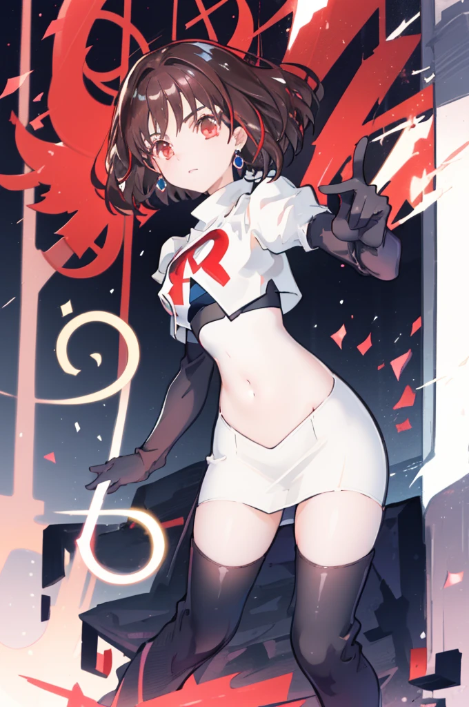 (Highly detailed CG), (Highest quality), Perfect Face, Shiny skin, Shiny skin,Wide Hips,   One girl,alone ,    ray taylor,jewelry, Red eyes, short hair, Brown Hair, View your viewers,Team Rocket,Team Rocket uniform,White Skirt,Red letter R,Crop top,Black thigh-high socks,black elbow gloves