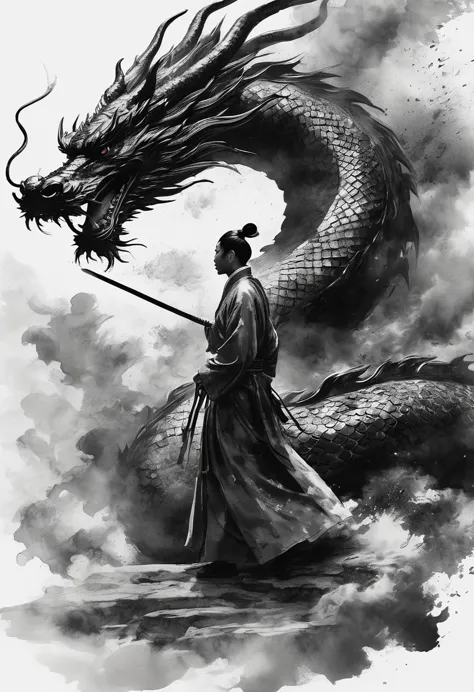 epic ink shots，chinese warrior wearing hanfu fighting a dragon，viewing angle，first person，huge chinese dragon，tradition chinese ...