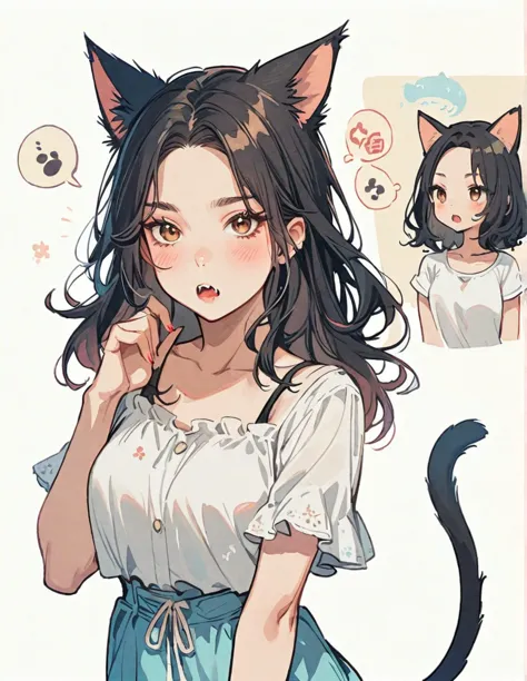 Half body, A beautiful woman, long wavy black hair, brown eyes, casual clothing, cat ears and tail, fangs, 