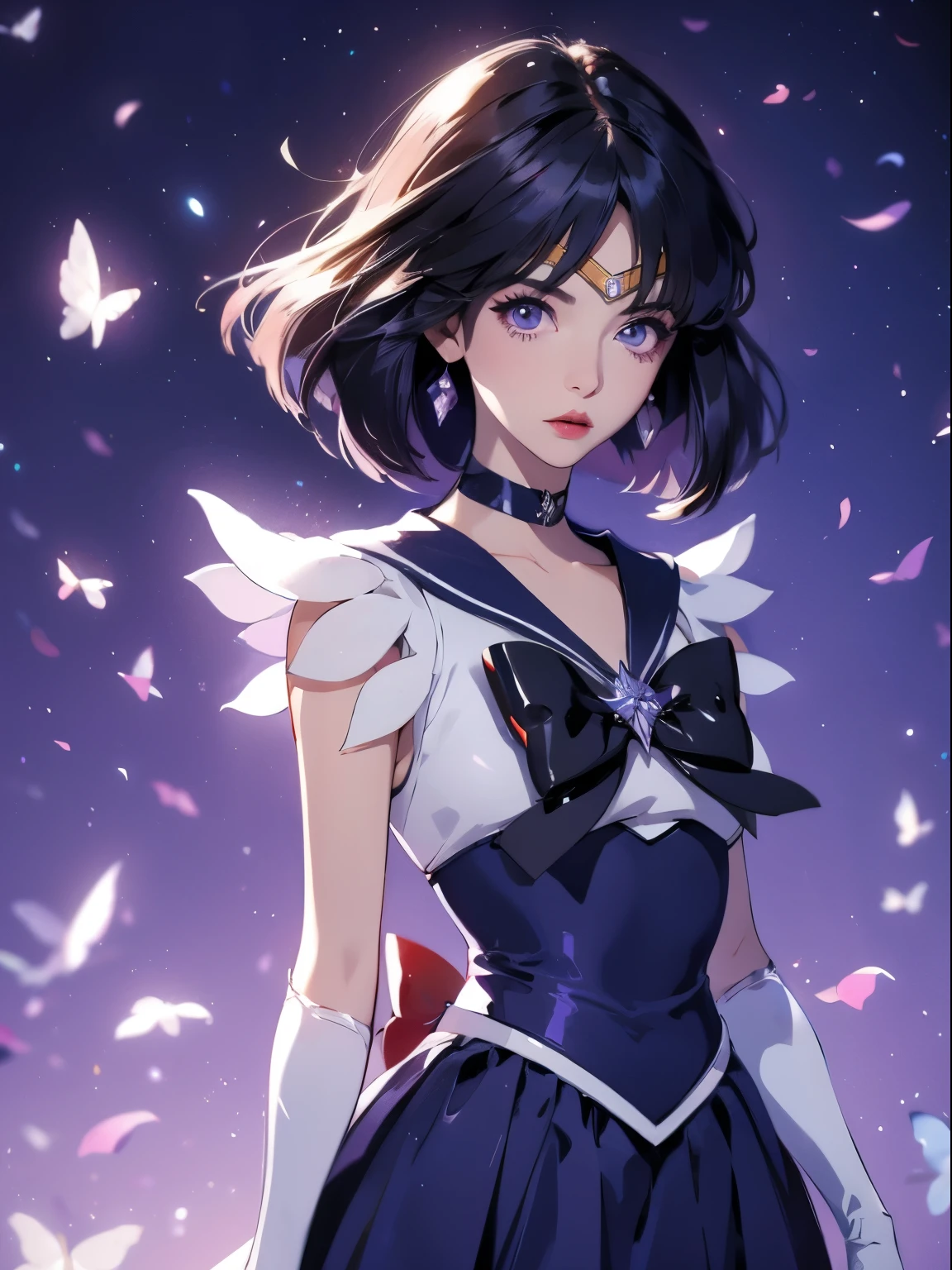 sailor saturn, 1 girl, black hair, short hair, purple eyes, detailed eyes, simple background, female focus, alone, Standing, Hotaru Tomoe, portrait, full body, (Masterpiece:1.0), (best quality:1.0) , (wallpaper 8k:1.0), (detailed beautiful face:1.0), (detailed deep eyes), deep eyes, looking at viewer, sailor scout, lilac bow on chest, lilac skirt, white gloves,,