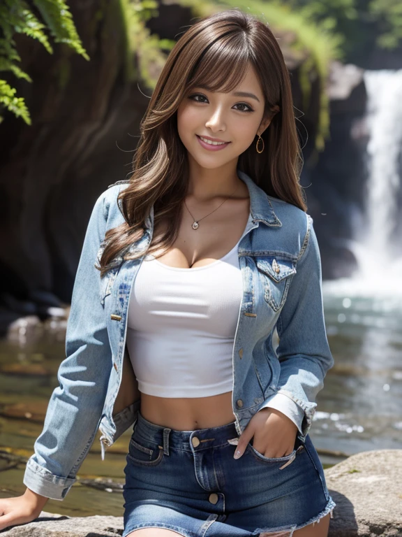 Highest quality, masterpiece, Ultra-high resolution, (Realistic:1.4), Beautiful woman, Clear grey V-neck shirt, G-string, Cleavage, ((Denim jacket))， Center of chest, Tight waist, Shiny skin, 魅惑的なsmile, Bokeh, smile,  pubic hair, thick pubic hair, long pubic hair, Denim mini skirt, Brown Hair、Gorge background with waterfall、