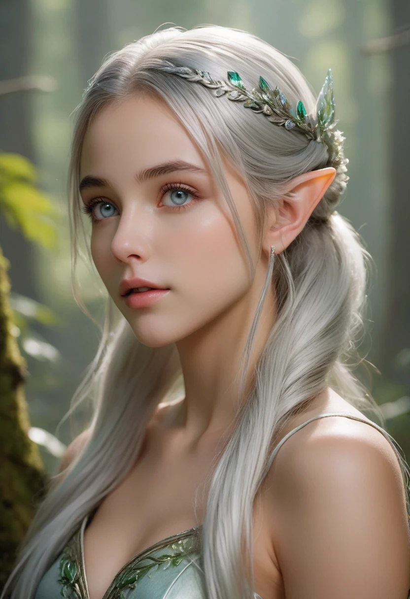 (best quality,4k,8k,highres,masterpiece:1.2),ultra-detailed,(realistic,photorealistic,photo-realistic:1.37),fantasy, elf, beautiful girl,14 years old, close-up of face, silver hair, (Twin Tails hair style:1.5),(iridescent slit eyes:1.4), detailed features, ethereal atmosphere, soft lighting, enchanted forest, flowing gown, graceful stance, vibrant colors, (NSFW:1.3)