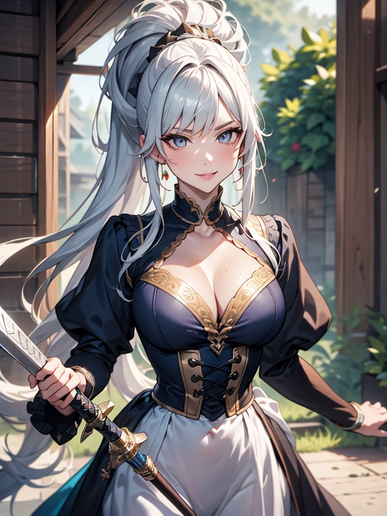 ((masterpiece)), (super detailed), (solo), beautiful, perfection, perfectly beautiful, (silver hair), (silver eyes), (silver lips), (silver lipstick), (smirk), huge breasts, cleavage, victorian dress, combat dress, holding a sword, ponytail