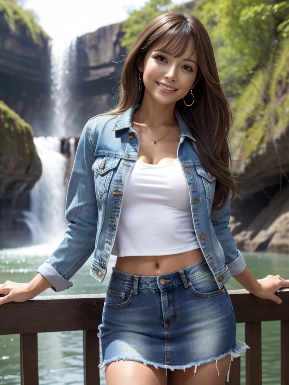 Highest quality, masterpiece, Ultra-high resolution, (Realistic:1.4), Beautiful woman, Clear grey V-neck shirt, G-string, Cleavage, ((Denim jacket))， Center of chest, Tight waist, Shiny skin, A captivating smile, bokeh, smile,  pubic hair, thick pubic hair, long pubic hair, Denim mini skirt, Brown Hair、Gorge background with waterfall、