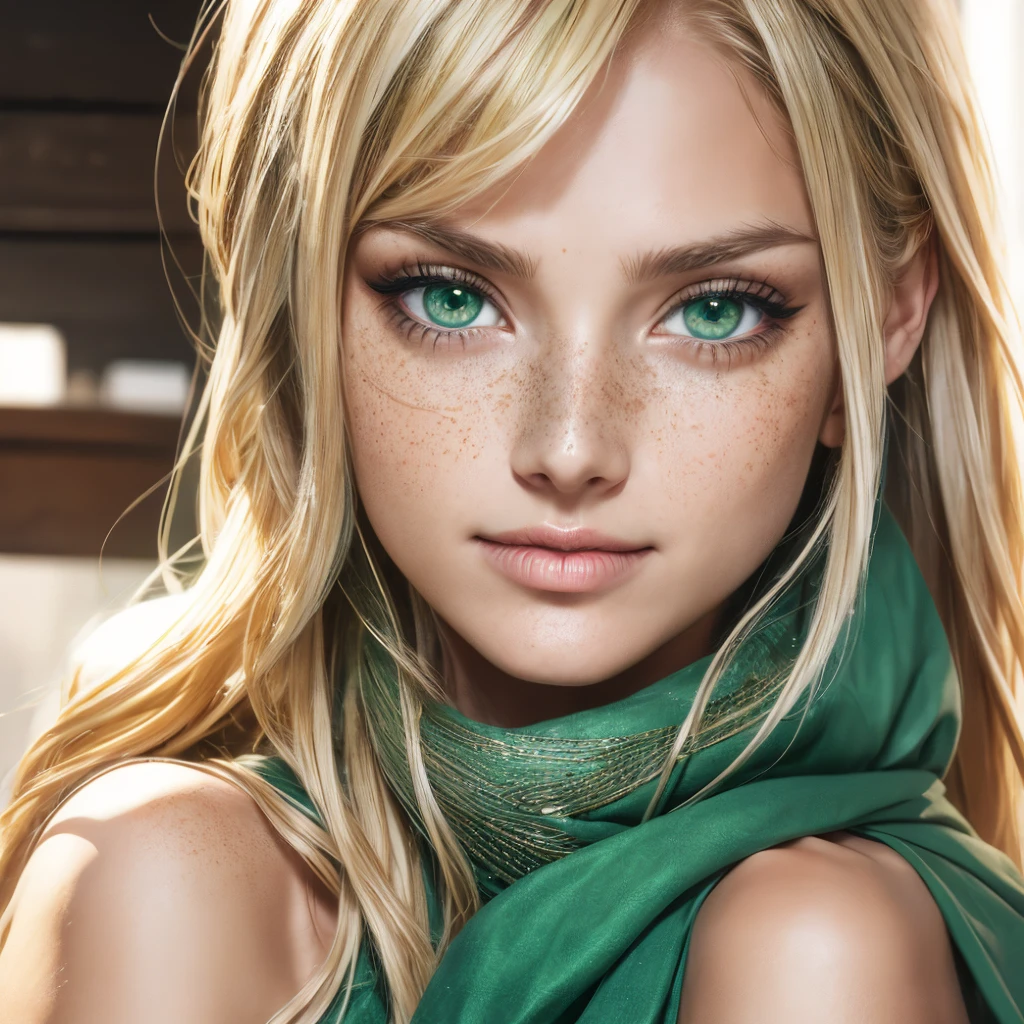 Photorealistic prompt for Leonardo
Face:
 * Ultra-realistic photo of a 20-year-old woman
 * Visible skin texture, with fine pores and subtle freckles
 * Blonde hair with red highlights capturing natural light
 * Bright and intelligent gaze, with emerald green eyes and long, thick lashes
 * Natural and authentic facial expression, reflecting slight shyness or an enigmatic smile
Framing and lighting:
 * Close-up shot, focusing on the details of the woman's face
 * Soft and natural light, creating a realistic shadow and light effect
 * Slightly blurred background, not distracting from the main subject
Example reference photos:
 * https://www.artstation.com/artwork/n0rmm6
 * https://www.pinterest.com/kriishu/blonde-with-green-eyes/
 * https://www.shutterstock.com/search/green-eyes?page=2
Suggested software:
 * Artbreeder
 * Dream by WOMBO
 * Nightcafe Creator
Additional tips:
 * Feel free to experiment with different camera angles and facial expressions to achieve the desired result.
 * You can add subtle accessories, such as jewelry or a scarf, to give the woman a unique personality.
 * Make sure the lighting is consistent and realistic throughout the image.
I hope this prompt helps you create a stunning photorealistic image of this green-eyed woman.
