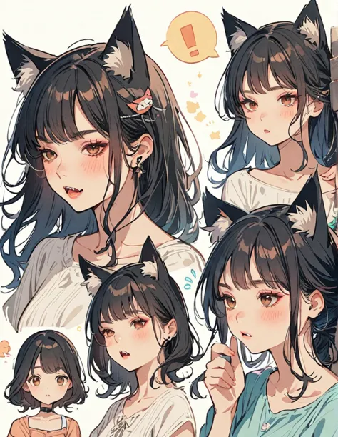 Half body, A beautiful woman, long wavy black hair, brown eyes, casual clothing, cat ears and tail, fangs, 