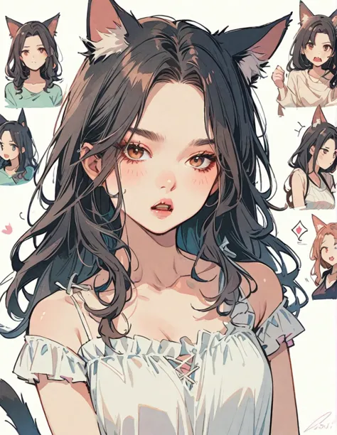 Half body, A beautiful woman, long wavy black hair, brown eyes, casual clothing, cat ears and tail, fangs, 