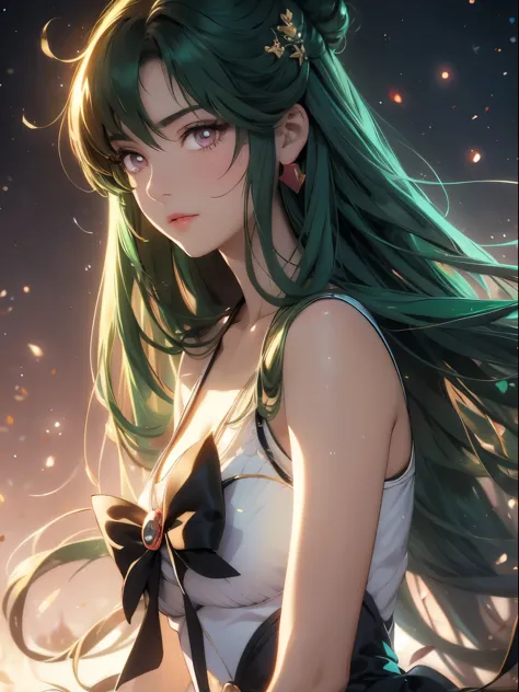 sailor pluto, 1 girl, dark green hair, long hair, brown eyes, detailed eyes, simple background, female focus, alone, Standing, S...