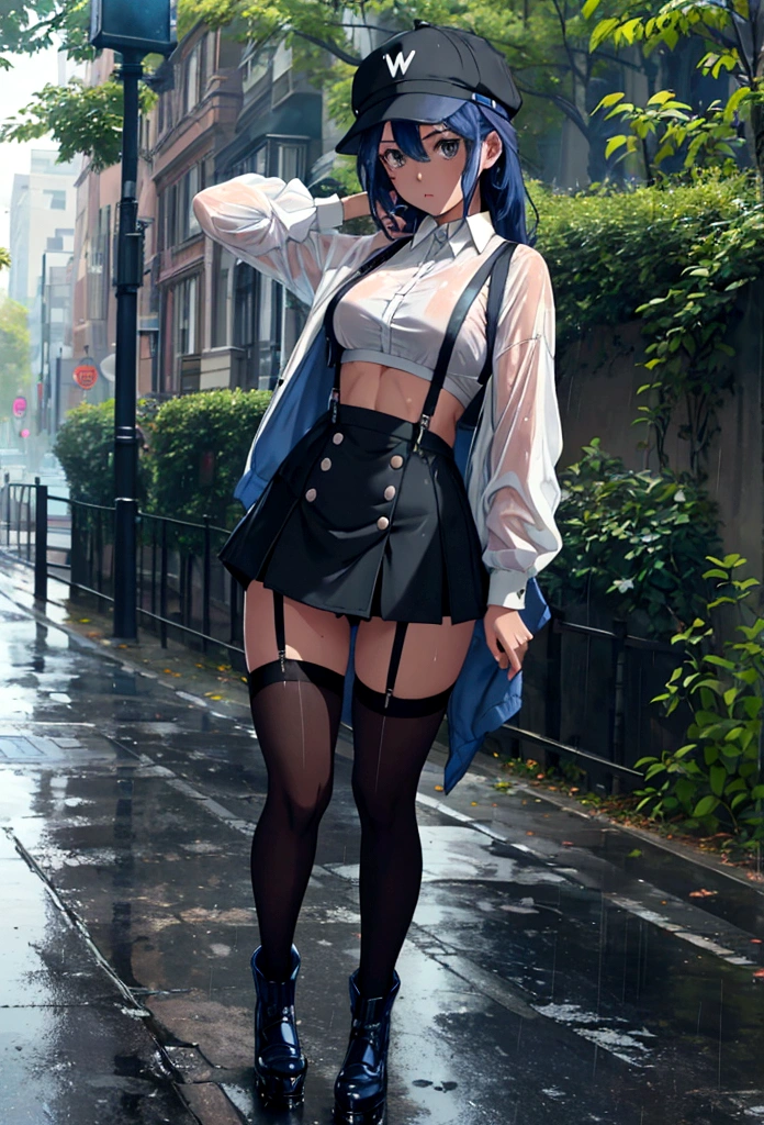 rainy day, on the street of the day. Beautiful woman walking, wet clothes, (showing through white shirts:1.1), Short skirt, black thigh high stockings with garters. full body shot, Pretty girl) street full of people, wearing t-shirt, Jacket, (( super short shorts)), standing in a park, rainy day, flat tits, panties, tight panties, stockings with suspenders, cap, sports bra, neckline, black hat, wide, blue fur, roxy migurdia, , Low, , short, 