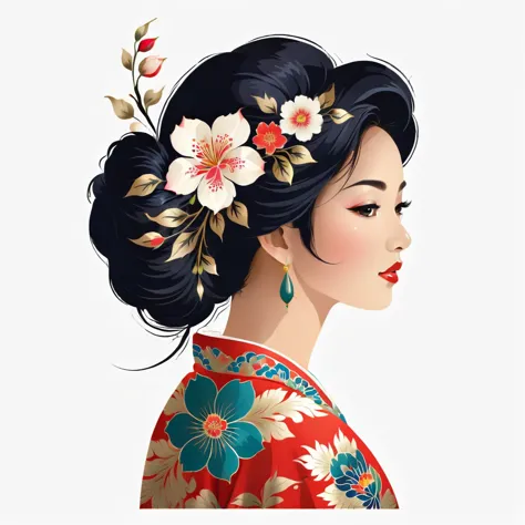 Woman with flower pattern, facing back, oriental illustration, transparent background