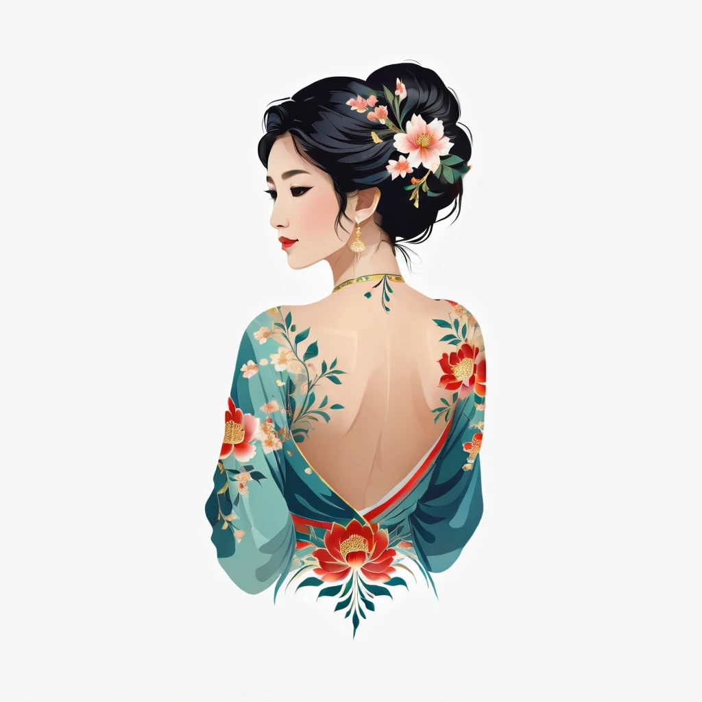 Mujer con estampado de flores, mirando hacia atrás, ilustración oriental, fondo transparente