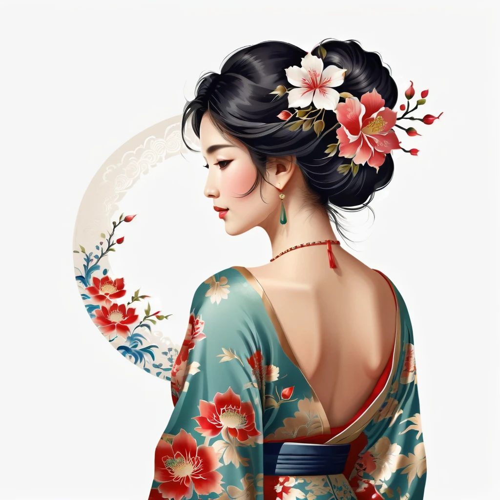 Mujer con estampado de flores, mirando hacia atrás, ilustración oriental, fondo transparente