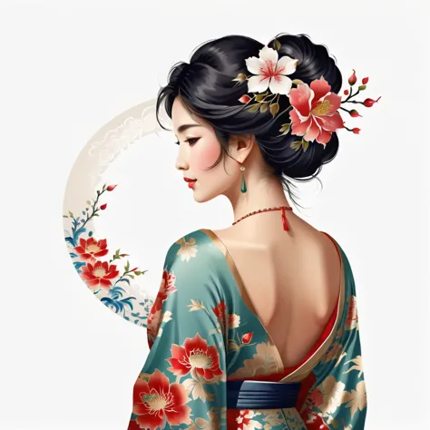 Woman with flower pattern, facing back, oriental illustration, transparent background