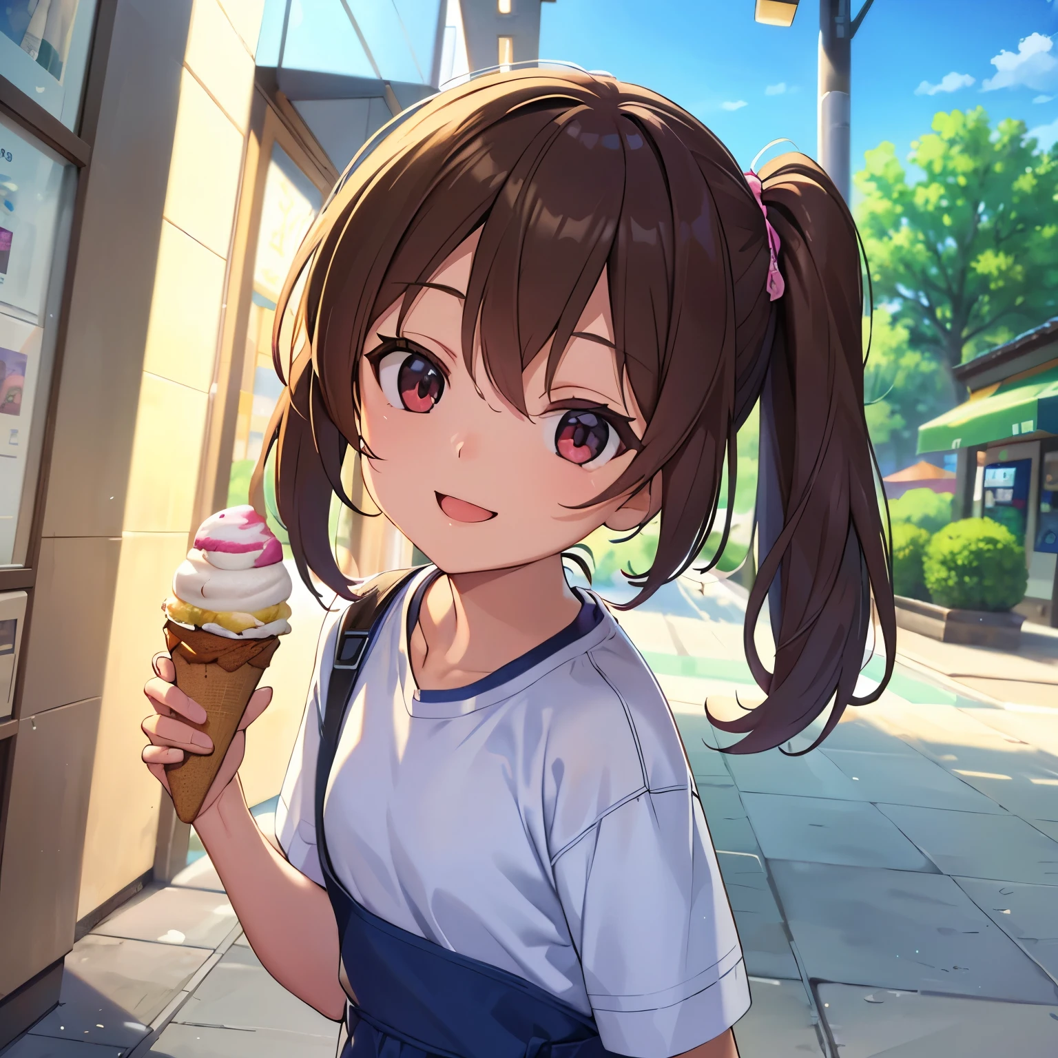 (best quality,8k,highres, masterpiece:1.2), ultra-detailed, HDR, UHD, studio lighting, ultra-fine painting, sharp focus, physically-based rendering, extreme detail description, professional, vivid colors, bokeh, portraits, concept artists, warm color palette, dramatic lighting,1 girl,happy smile,close eyes,pigtails,(from above),have a  big ice cream,shopping mall,clear sky,summer,summer vacation,dutch angle,