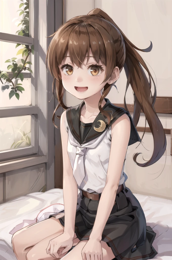 (masterpiece), (Highest quality), (Super detailed), ((Very delicate and beautiful)), One girl, 独奏, July, Cowboy Shot, Black Sailor Suit, White neckerchief, Crescent Pin, (very long hair), ponytail, smile, Flat Chest, belt, Black Skirt, chestnut mouth, Sitting, on bed, spoken question mark,  indoors, Detailed iris, young, 