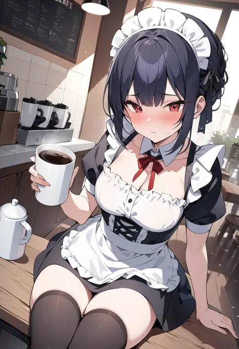 （masterpiece：1.2），best quality，very detailed, high resolution，red eyes，black short hair，maid costume，sitting in café，holding a c...