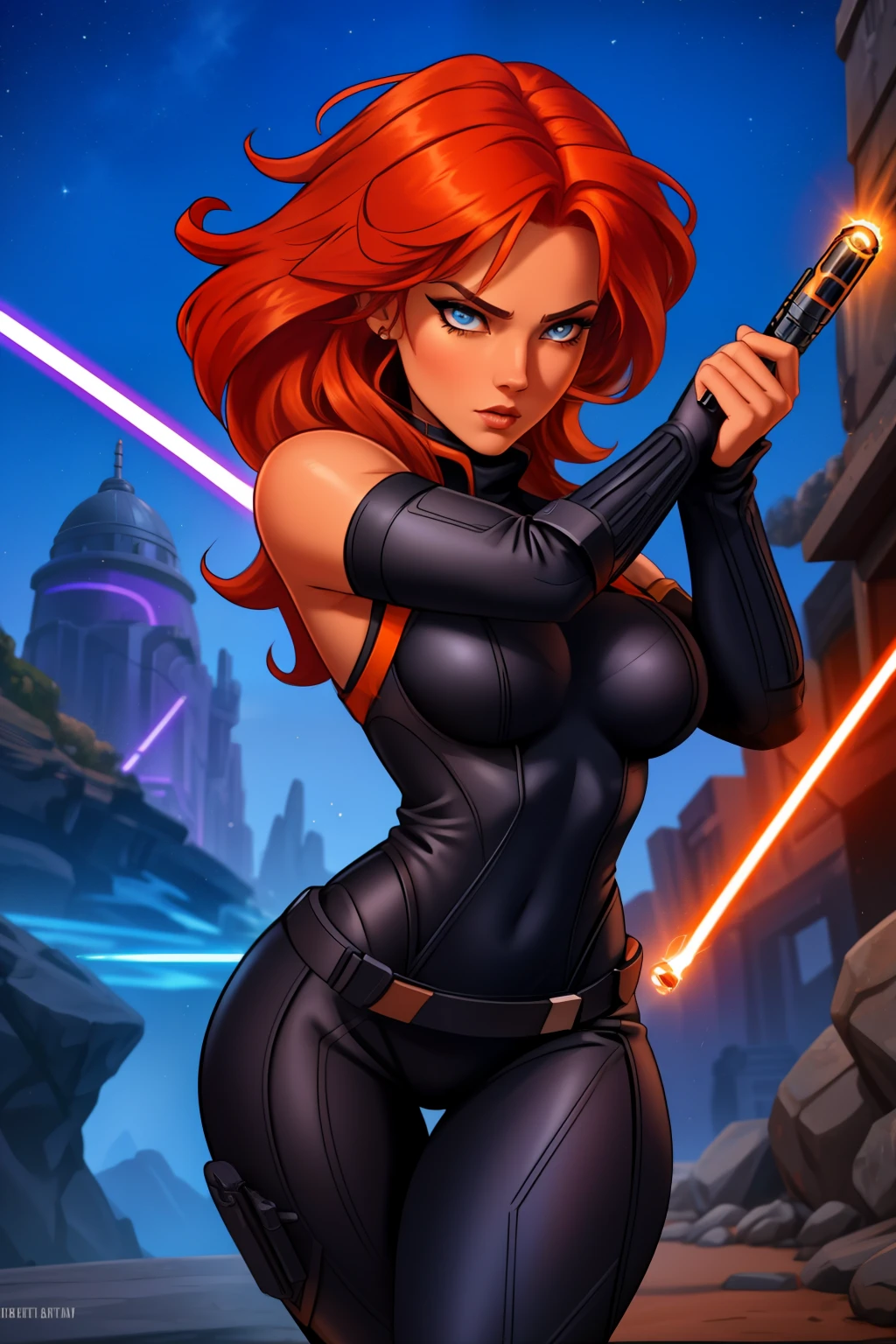 Mara Jade, is depicted wearing her sleek, black tactical suit, which accentuates her agility and strength. Her orange hair is shoulder length, adding a touch of elegance to her fierce persona. As she holds her purple lightsaber with a tight grip, her intense, piercing eyes convey a mix of determination and alertness. The pose highlights her readiness for action, capturing the essence of her character's blend of grace and lethal skill. The scene often shows her in a dynamic environment, ready to face whatever comes next, embodying the essence of a seasoned Jedi. 
