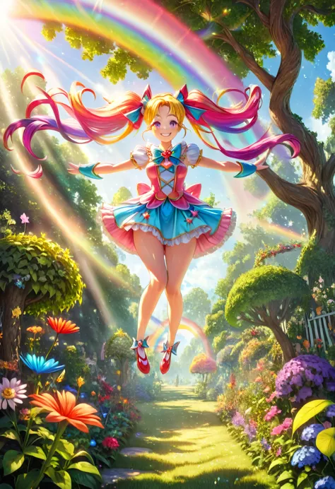 a beautiful magical girl with long rainbow twin tails, a bright smile, jumping from a tall tree in a magical garden, glowing mor...