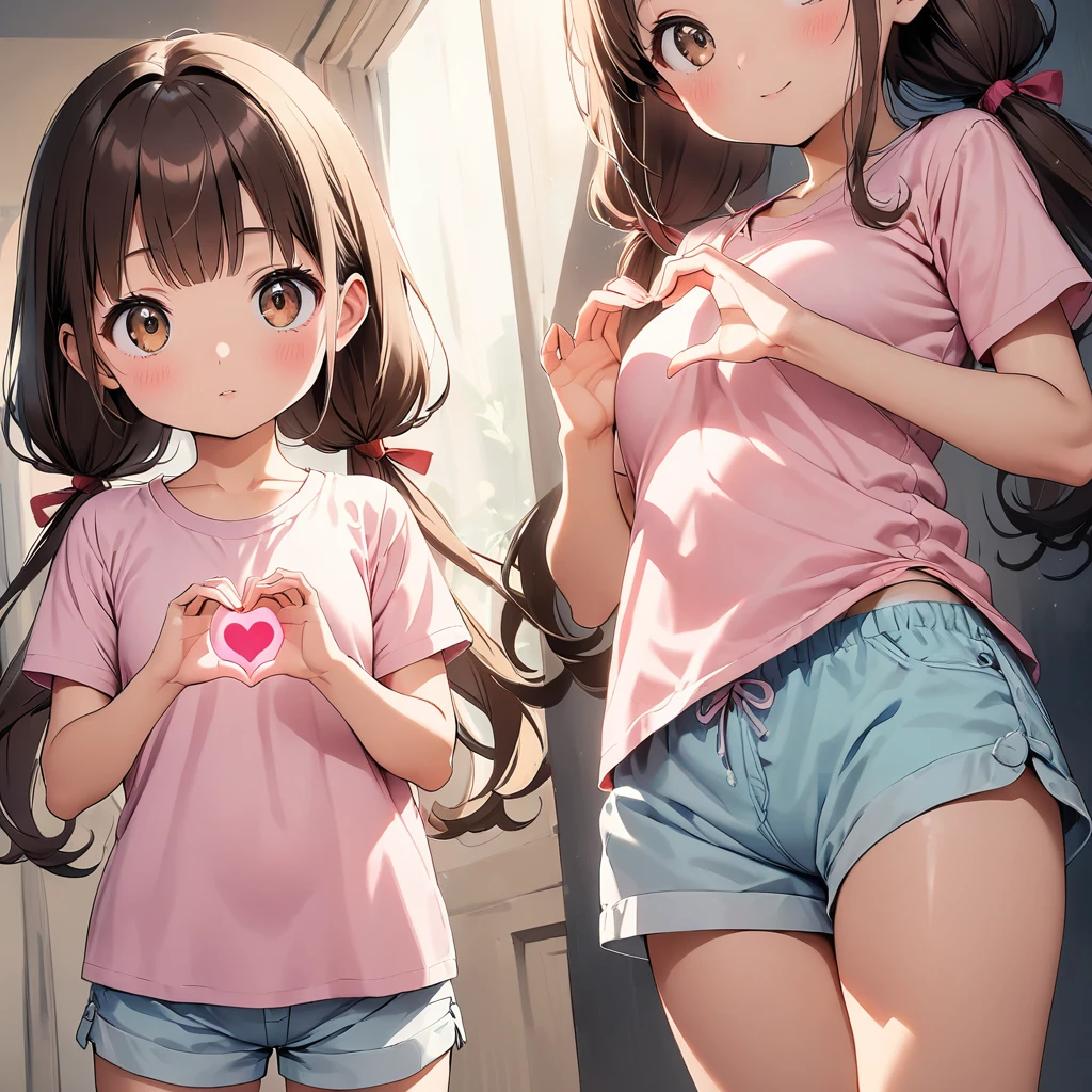 (pastel colour:1.3), (child:0.9), Beautiful illustrations, (Perfect lighting, Natural light), 美しいAttention to detail髪, 美しいAttention to detail顔美しいAttention to detail目, Beautiful clavicle, Beautiful body, Beautiful breasts, Beautiful thighs, Beautiful feet, Beautiful Hands, Cute and symmetrical face, Shiny skin, (Detailed cloth texture:1.2), (Beautiful views), (Upward glance), (Dimples:1.5), (Super Illustration Style:1.3), (Ultra detailed panties:1.5), (Beautiful face details, Real human skin:1.2), 
(Pink T-shirt:1.5), (Shorts:2.0), (Heart Hands:1.5), 
(1 Girl:1.4), (9 years old, Height 1.2 meters, ぽっちゃり 28Kg, puppet:1.3), (Slightly pinkish orange eyes:1.3), (Dark brown hair:1.7), (Straight hair:1.7), (Low twin tails:1.7), (red hair tie:1.7), (Big and soft breasts, Slender body, Small Ass:1.7), Small nipples, Fair skin, (necklace), (Droopy eyes:1.2), 
(Dynamic Angle, Sexy pose:1.4), Side view, (from the front:1.5), whole body, avert your eyes,
Exquisite details, Depth of written boundary, Highest quality, Anatomically correct, Attention to detail, High resolution, 8K,
