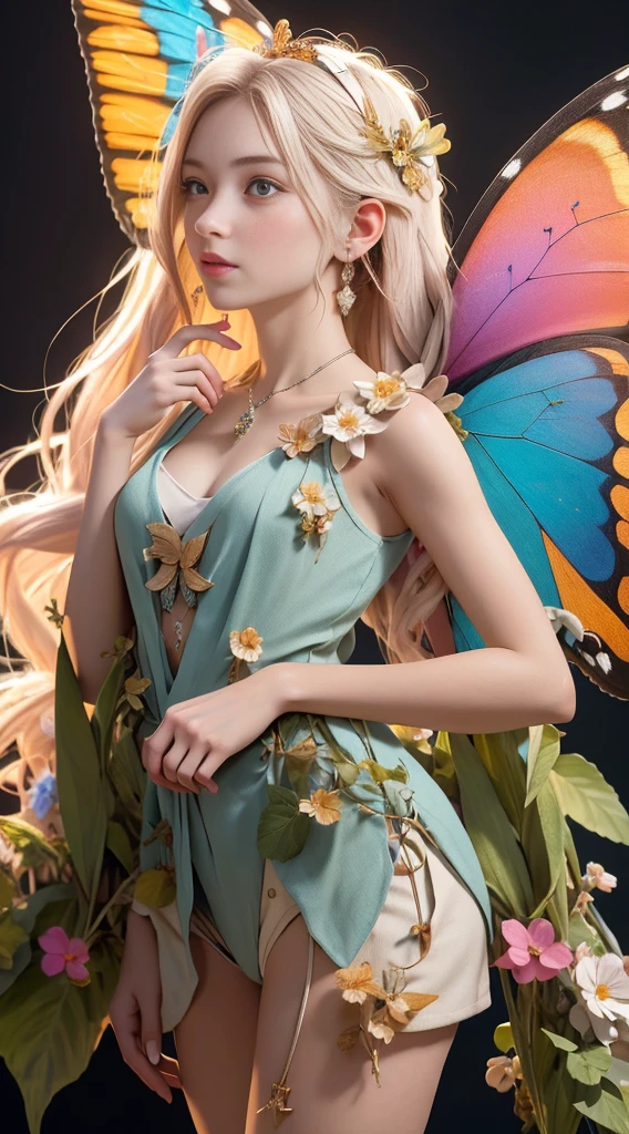 (in 8K，Raw photo，top-quality，超A high resolution，​masterpiece：1.2)，(Photorealsitic：1.37)，Holy Light Butterfly Angel Girl，Butterfly wings，chest shoot tink，In the style of rococo pastel colors，Light white and light red，Incredibly beautiful，SakuraNS，Reflection of sparkling water，combine，flowing，hyper realisitc，painting of a，Atesa Burda，stock photograph，Mixed reality and fantasy elements，Ray traching，Complex pattern，Delicate line art，beautiful pressed crystal needles