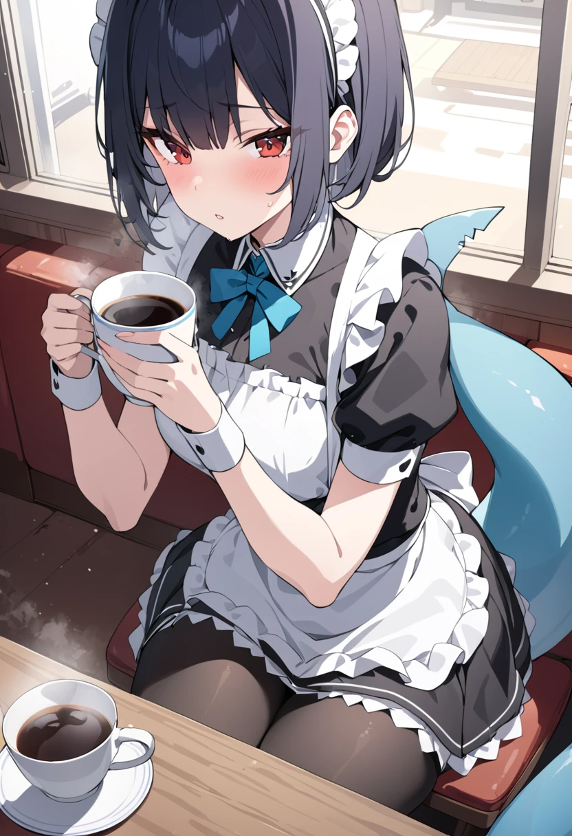 （masterpiece：1.2），Best quality，Very detailed, high resolution，Red eyes，Black short hair，Maid，sitting in café，Holding a cup of coffee，Cold，Black stockings，Shark Tail