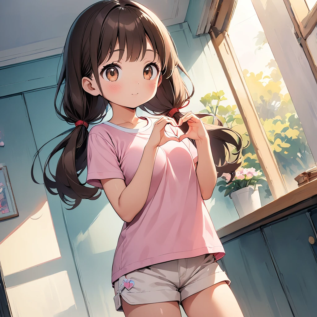 (pastel colour:1.3), (child:0.9), Beautiful illustrations, (Perfect lighting, Natural light), 美しいAttention to detail髪, 美しいAttention to detail顔美しいAttention to detail目, Beautiful clavicle, Beautiful body, Beautiful breasts, Beautiful thighs, Beautiful feet, Beautiful Hands, Cute and symmetrical face, Shiny skin, (Detailed cloth texture:1.2), (Beautiful views), (Upward glance), (Dimples:1.5), (Super Illustration Style:1.3), (Ultra detailed panties:1.5), (Beautiful face details, Real human skin:1.2), (Pink T-shirt:1.5), (Shorts:2.0), (Heart Hands:1.5), (1 Girl:1.4), (9 years old, Height 1.2 meters, ぽっちゃり 28Kg, puppet:1.3), (Slightly pinkish orange eyes:1.3), (Dark brown hair:1.7), (Straight hair:1.7), (Low twin tails:1.7), (red hair tie:1.7), (Big and soft breasts, Slender body, Small Ass:1.7), Small nipples, Fair skin, (necklace), (Droopy eyes:1.2), (Dynamic Angle, Sexy pose:1.4), Side view, (from the front:1.5), whole body, avert your eyes, Exquisite details, Depth of written boundary, Highest quality, Anatomically correct, Attention to detail, High resolution, 8K,