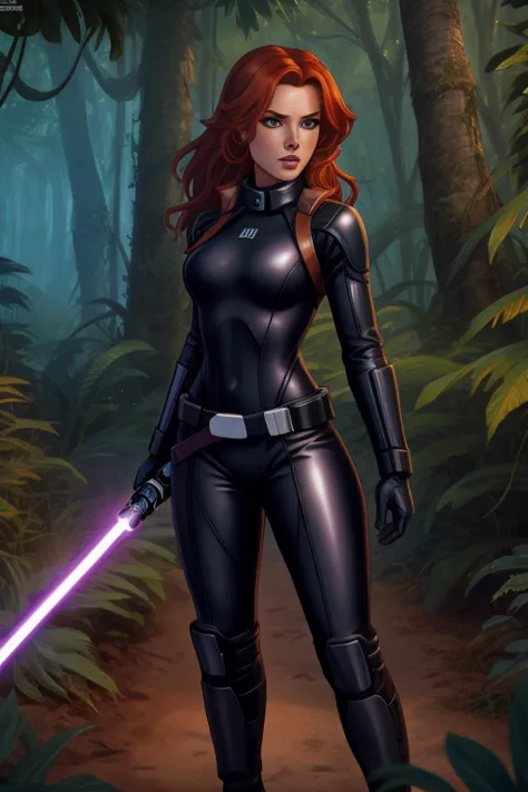 star wars based environment, mara jade, is depicted wearing her sleek, tight black leather suit. as she holds her purple lightsa...