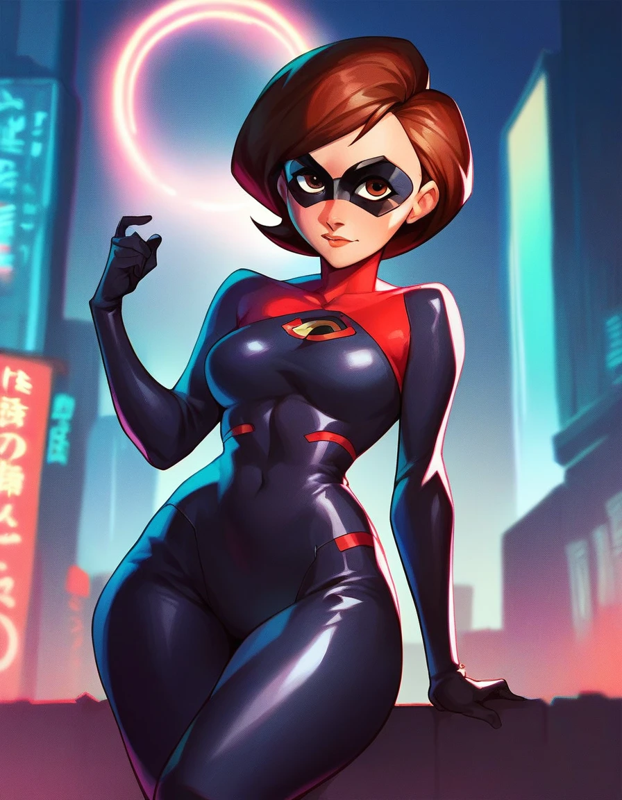 1girl, solo, helen parr, brown eyes, domino mask, looking at viewer, futuristic bodysuit, wide hips,
score_9, score_8_up, score_7_up, score_6_up, source_anime, outside, cyberpunk city, night, neon light 