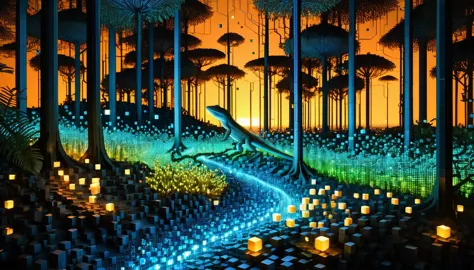 An enchanted forest made up of RAL-3D cubes, Surrounded by the fantastic light of fireflies ,The wide sea is nearby,There are lo...