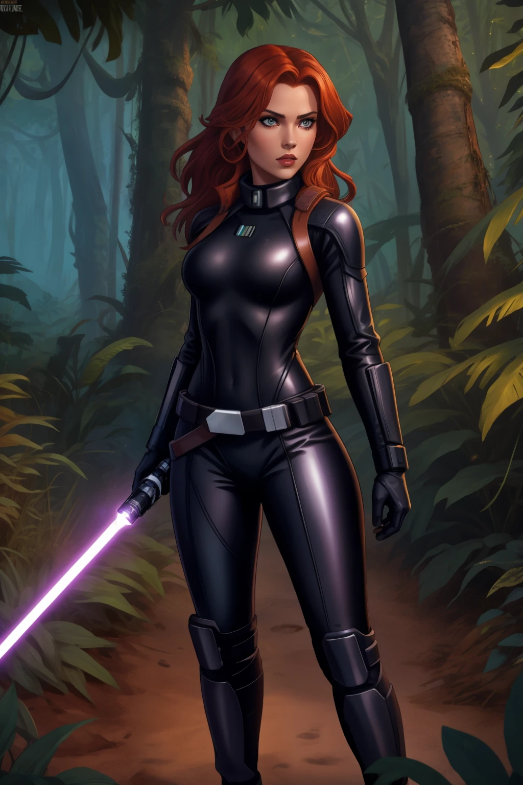 Star Wars based environment, Mara Jade, is depicted wearing her sleek, tight black leather suit. As she holds her purple lightsaber with a tight grip, her intense, piercing eyes convey a mix of determination and alertness. Background: Outdoors, jungle planet landscape, wooden structure in the surroundings
