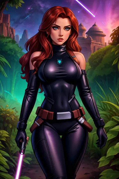 star wars based environment, mara jade, is depicted wearing her sleek, tight black leather suit. as she holds her purple lightsa...