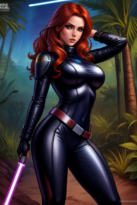 Star Wars based environment, Mara Jade, is depicted wearing her sleek, tight black leather suit. As she holds her purple lightsa...
