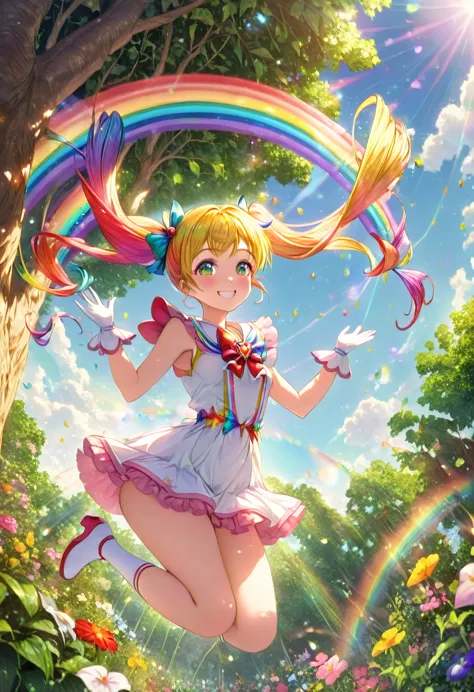 long, rainbow-colored twin tails:1.9、bright smile、beautiful magical girl jumping from a tall tree in a magical garden、shining mo...