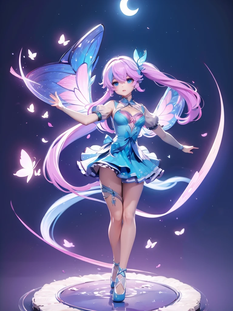 Seizo Watase style, Simple Line Initialism，Abstract art, 3d character ,(((The most beautiful girl of all time))),  (full body 1.2), only girl, long hair, bufferfly and sky background, 25 year old, full body, (((8k))), (((3d)), blue and pink hair, Large butterfly wings on the back,  moon, ballet dance, perfect eyes detail, 