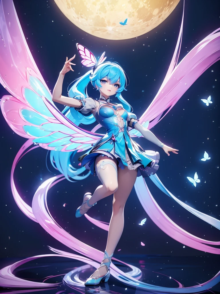 Seizo Watase style, Simple Line Initialism，Abstract art, 3d character ,(((The most beautiful girl of all time))),  (full body 1.2), only girl, long hair, bufferfly and sky background, 25 year old, full body, (((8k))), (((3d)), blue and pink hair, Large butterfly wings on the back,  moon, ballet dance, perfect eyes detail, 