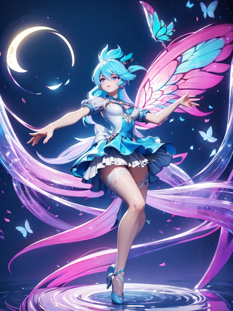 Seizo Watase style, Simple Line Initialism，Abstract art, 3d character ,(((The most beautiful girl of all time))),  (full body 1.2), only girl, long hair, bufferfly and sky background, 25 year old, full body, (((8k))), (((3d)), blue and pink hair, Large butterfly wings on the back,  moon, ballet dance, perfect eyes detail, 