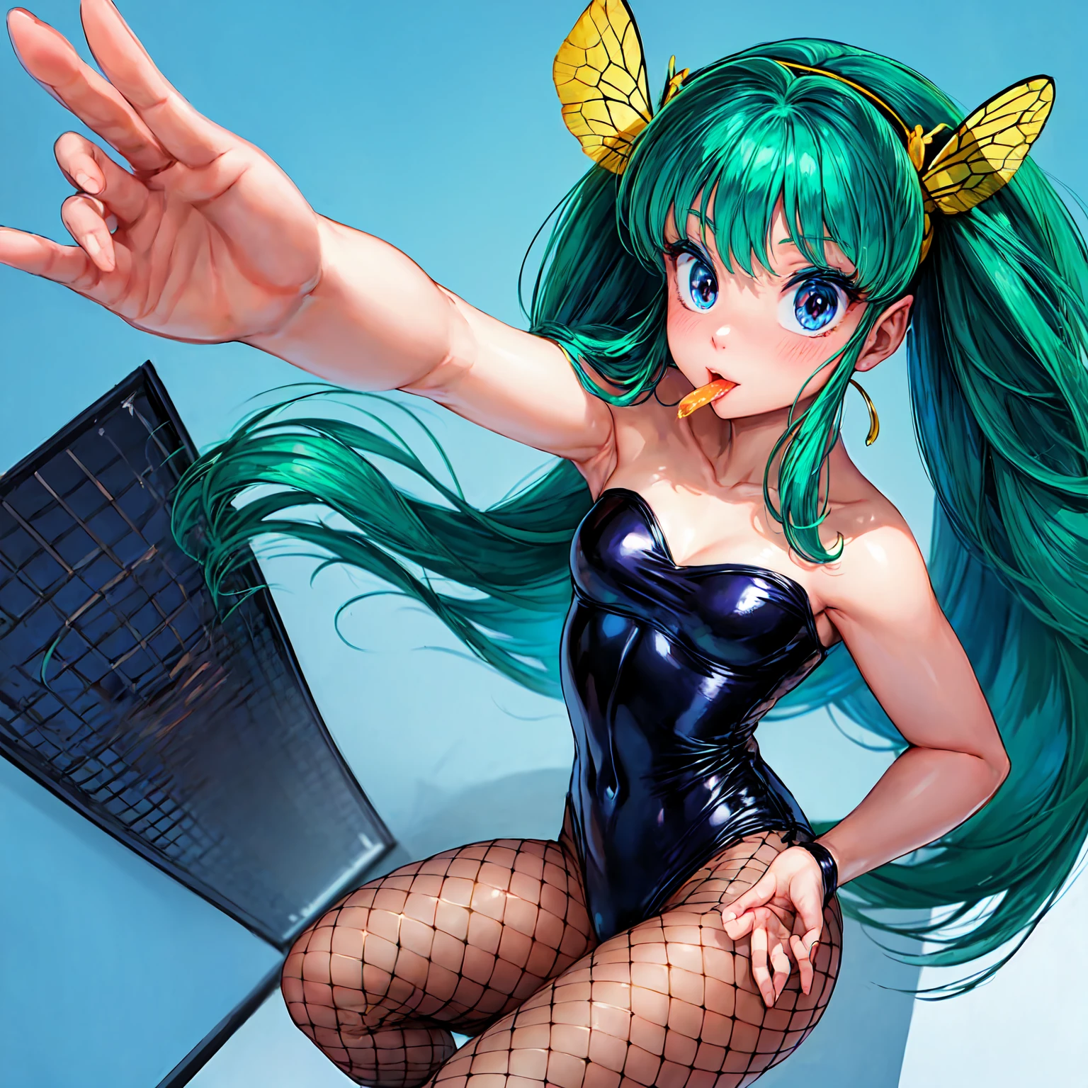 score_9, score_8_up, score_7_up, score_6_up, source_anime, 1girl, solo, lum, long hair, bangs, green hair, blue eyes, tiny horns, aqua hair, eyeshadow, hairband, antennae, bee costume, black leotard, wrist cuffs, fake insect wings, fishnet pantyhose, apiary, beehives, whole mouth filled with honey, licking honey from fingers, look at viewer, medium breasts, blush, fang, perfect fingers, 5 fingers, perfect hands, (horny), (flirtatious look),