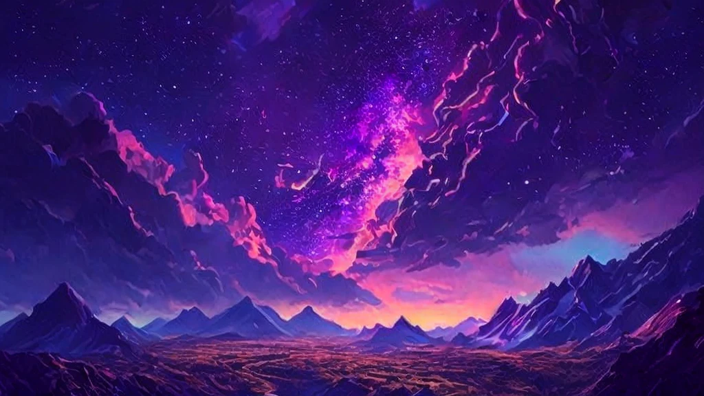 Céu roxo e montanhas々Estrada com fundo, Ótimo histórico, Papéis de parede incríveis, Só uma piada, Arte incrível em 8K, bela estética, Arte detalhada de alta qualidade 8k, Inspirado por Cyril Rolland, céu espacial, céu espacial, Grande estilo de arte, arte de fundo, paisagem de sonho detalhada, Arte digital altamente detalhada em 4K, bela arte UHD 4k, estrela cadente, Expandindo o Universo