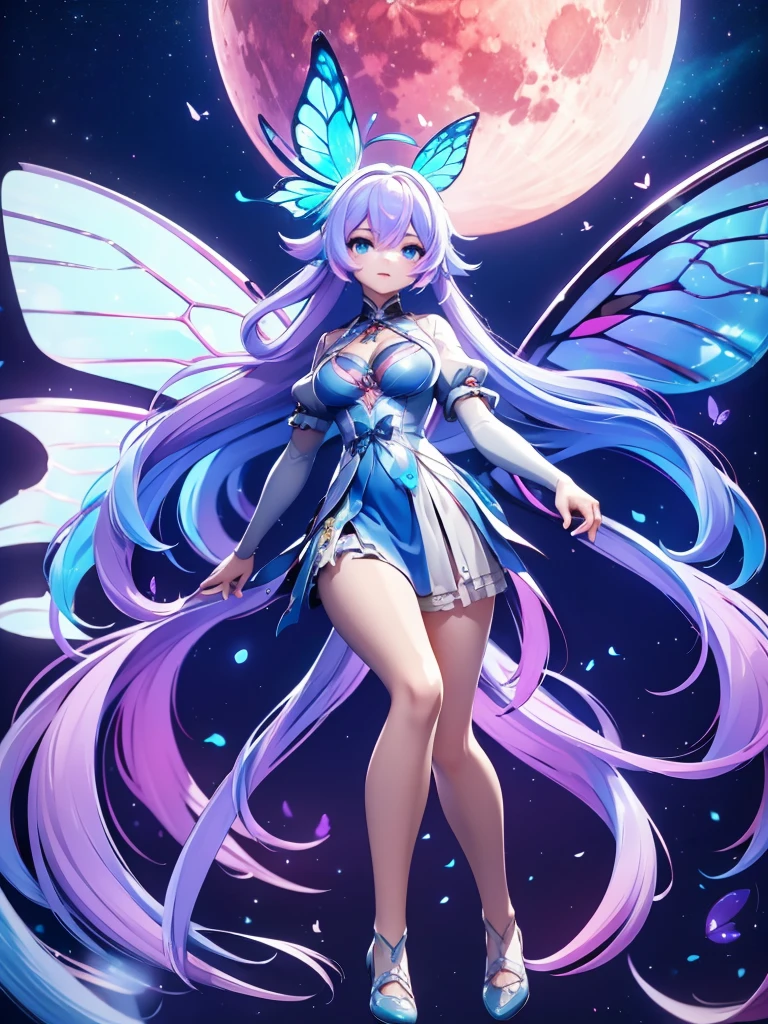 Seizo Watase style, Simple Line Initialism，Abstract art, 3d character ,(((The most beautiful girl of all time))),  (full body 1.2), only girl, long hair, bufferfly and sky background, 25 year old, full body, (((8k))), (((3d)), blue and pink hair, Large butterfly wings on the back,  moon,  perfect eyes detail, 