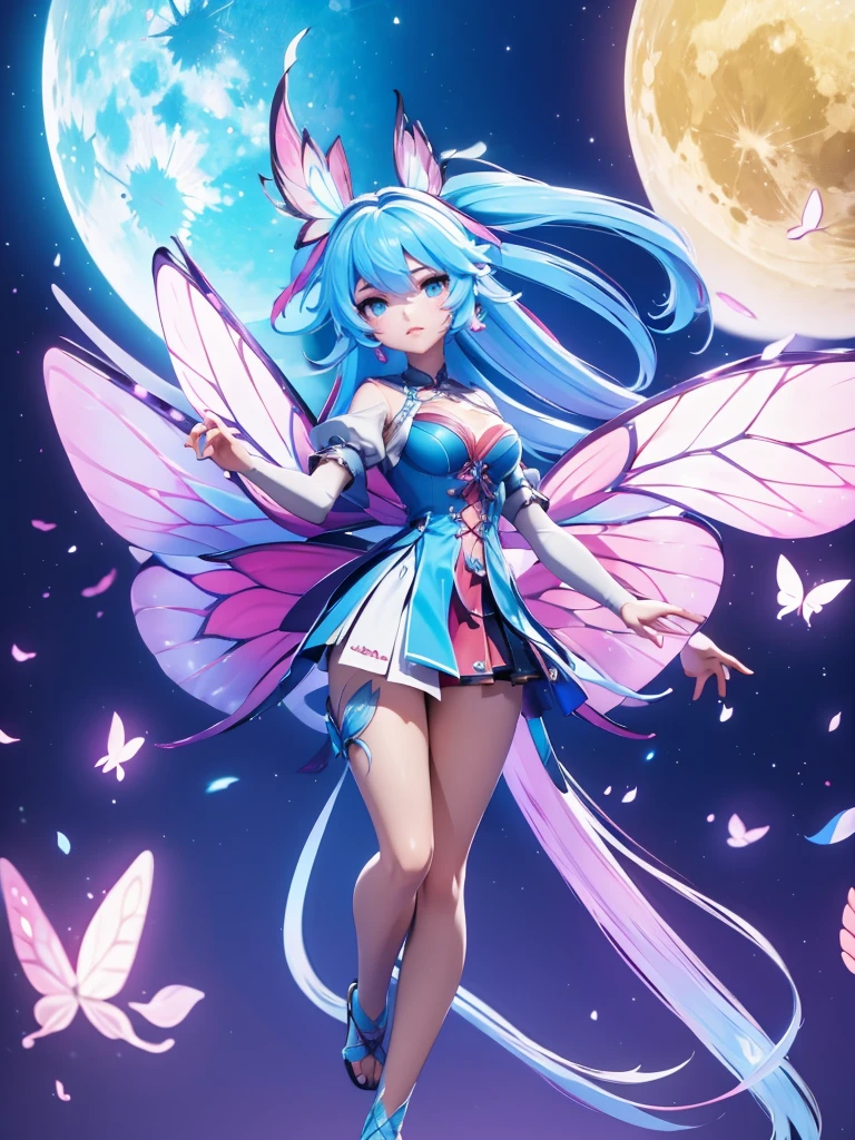 Seizo Watase style, Simple Line Initialism，Abstract art, 3d character ,(((The most beautiful girl of all time))),  (full body 1.2), only girl, long hair, bufferfly and sky background, 25 year old, full body, (((8k))), (((3d)), blue and pink hair, Large butterfly wings on the back,  moon,  perfect eyes detail, 