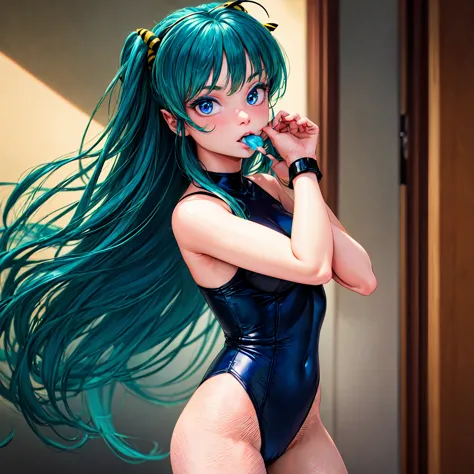 score_9, score_8_up, score_7_up, score_6_up, source_anime, 1girl, solo, lum, long hair, bangs, green hair, blue eyes, tiny horns...