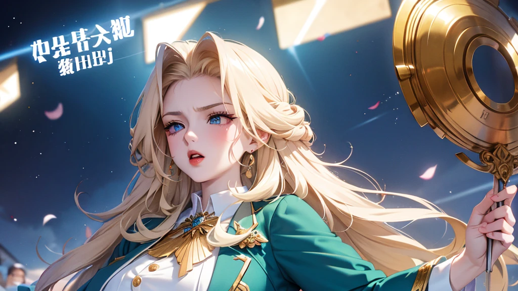 Create an anime-style illustration of a tall blonde woman, 30 years old, with long golden hair styled in large curls. She has green eyes and wears an elegant blue suit, reflecting her role as a school director with seductive and imposing style. Capture her intimidating gaze and arrogant yet impressive attitude. Her form-fitting dress enhances her impact, emphasizing her attractive and confident presence. Highlight her stunning beauty with unwavering facial features, even when furrowing her brow in annoyance."






