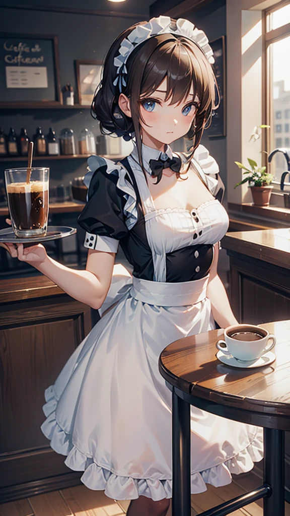 Coffee shop background，Coffee shop background，Indoor background，Tables and Chairs，Bar，Maid maiden，The maid pretends to be a girl，A maid headband