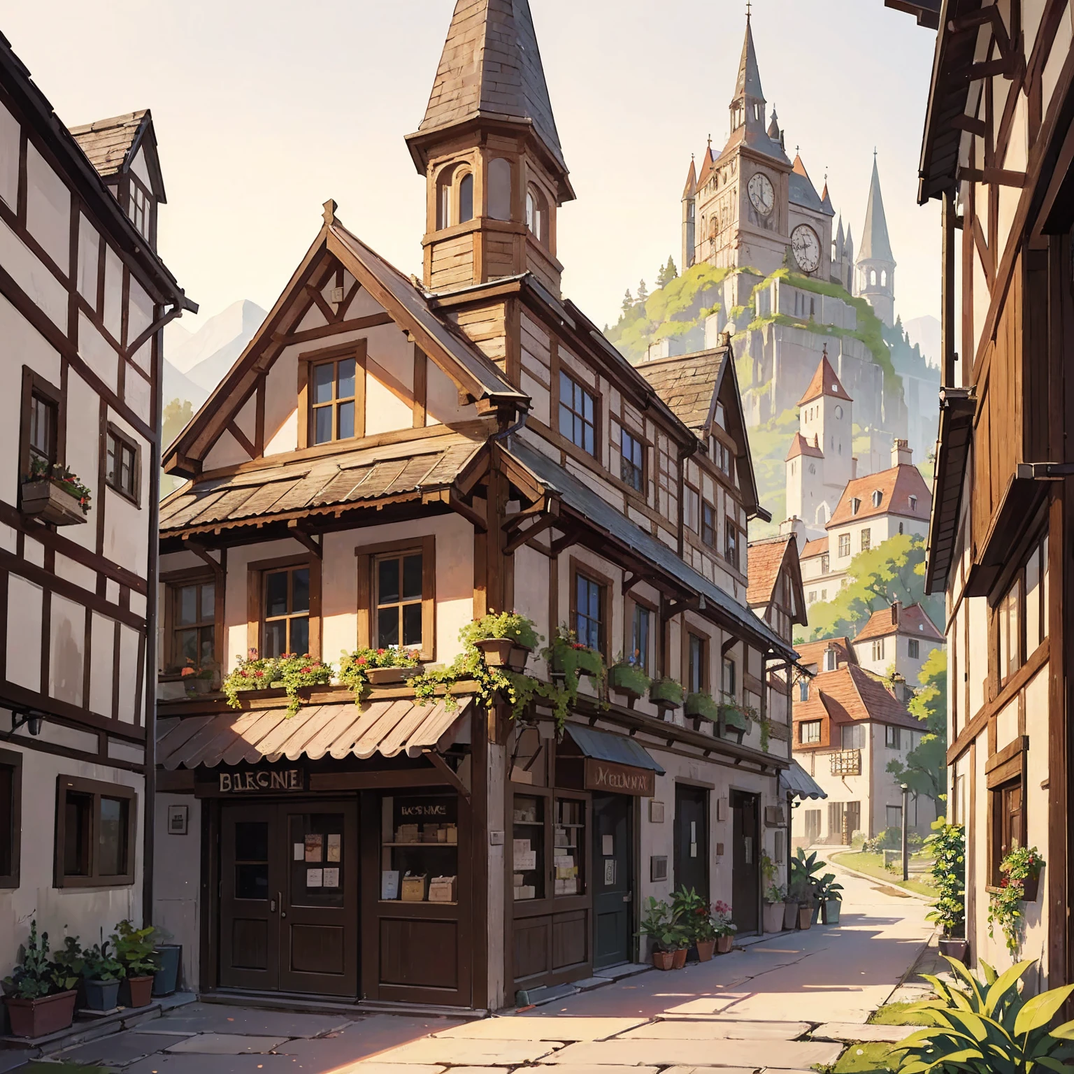 anime background, anime wallpaper, anime, anime style, lofi, lofi style, medieval street, mountains, uphill, medieval architecture, medieval convenience store, big retro medieval shop signs, retro medieval store, trees, plants, rocks, plant pots, shop signs, medieval banners like (guild, blacksmith, alchemist, restaurant), medieval signs, flags, sunrise, golden hour, golden lighting, empty street, no one in sight (no one: 1)