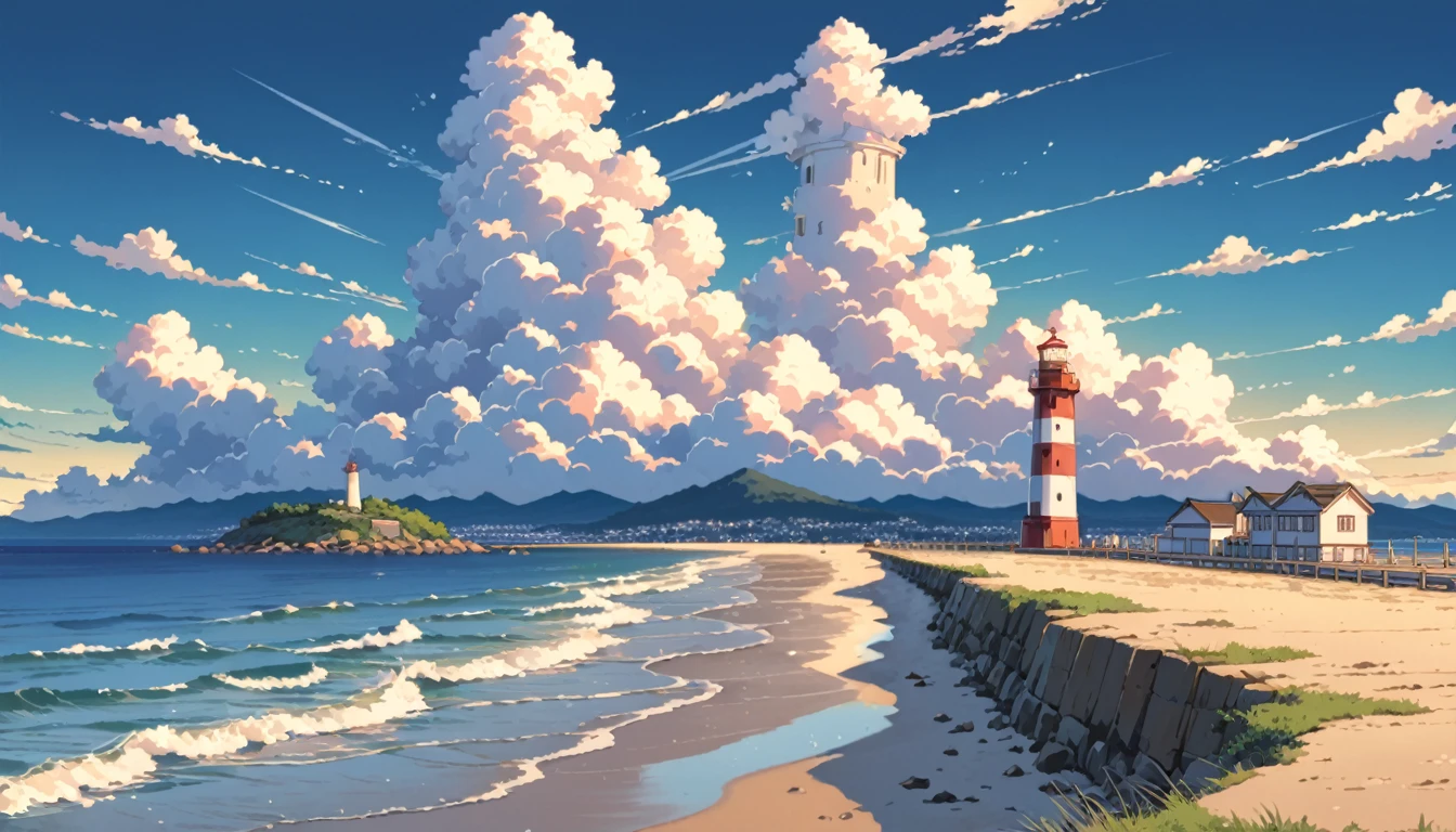 ((anime:1.4,illustration)),(masterpiece, top quality, best quality),(ultra-detailed, absolutely resolution),((16k, high res)), (((seaside, sand flowers, blue sky, cumulonimbus clouds, evening, breakwater, lighthouse))), ((anime:1.4,illustration)),(masterpiece, top quality, best quality),(ultra-detailed, absolutely resolution),((16k, high res)). BREAK {lofi art, style of Laurie Greasley, style of Makoto Shinkai, anime aesthetic}, BREAK { (produces images with information than 40 million pixels with cinematic-like detailed textures shot on a Sony SLR).}