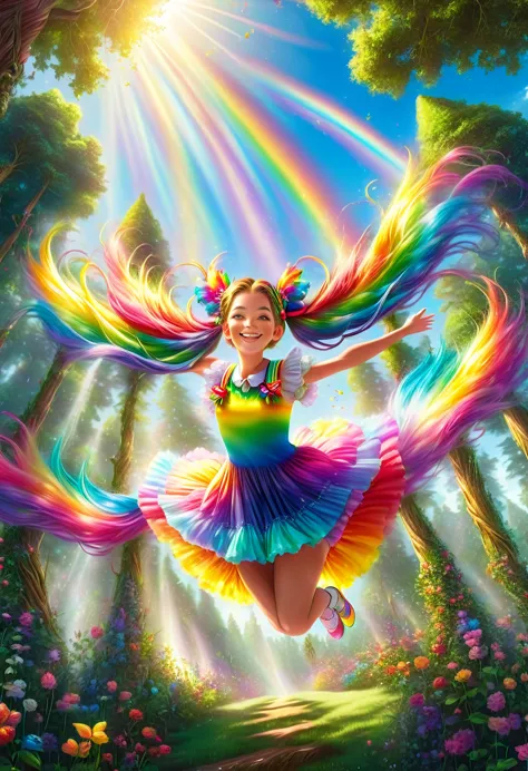 1girl, long rainbow colored twin tails:1.9, bright smiling expression, beautiful magical girl jumping down from tall trees in a ...